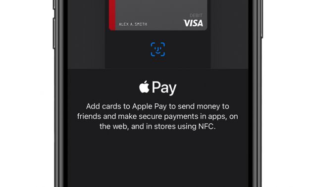 A smartphone screen displays the Ascend Visa card added to Apple Pay, with instructions explaining how to use Apple Pay for secure payments in apps, on the web, and in stores using NFC. A blue “Continue” button appears at the bottom of the screen, emphasizing a smooth, digital wallet setup experience.