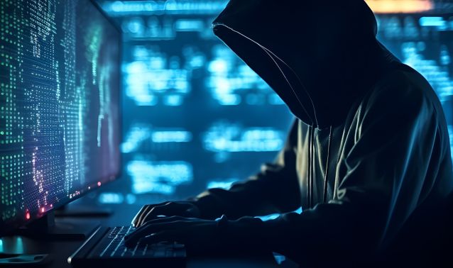 A hooded figure working on a computer.