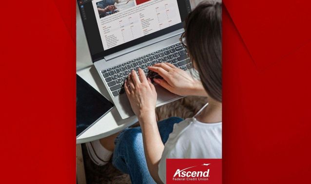 A person types on a laptop at a small desk while viewing a webpage titled “Possibilities, Spring 2024.” The scene is presented as a vertical graphic with a bold red background and an Ascend logo at the bottom.
