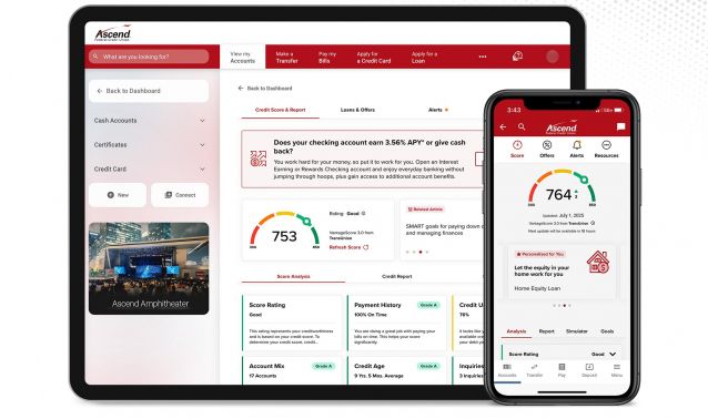 A laptop and smartphone display the Ascend digital banking platform side by side, showing account dashboards with balances, credit scores, spending insights, alerts, and navigation menus. The clean red-and-white interface highlights tools for managing accounts, monitoring credit, and tracking financial progress across devices.