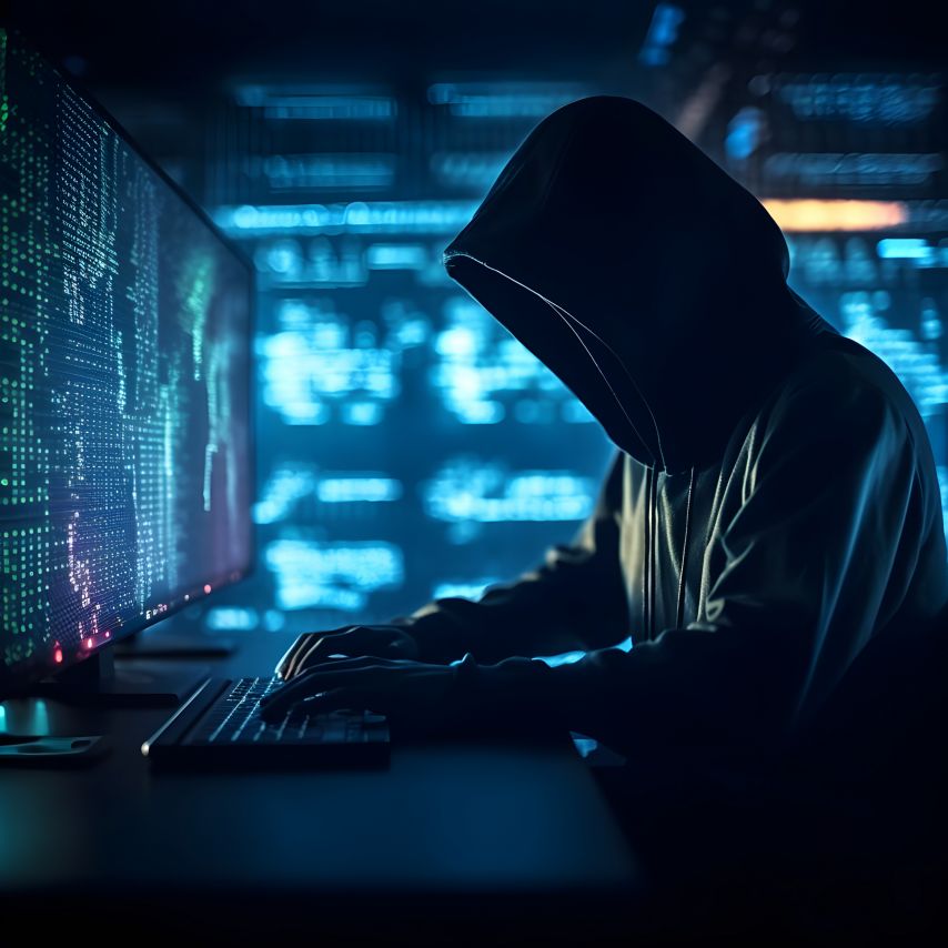 A hooded figure working on a computer.