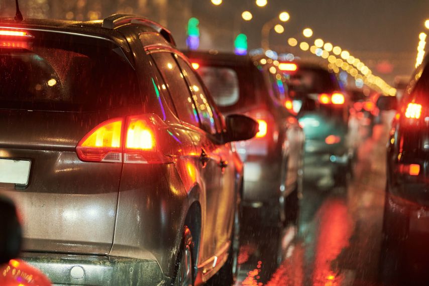 A traffic backup in the rain.