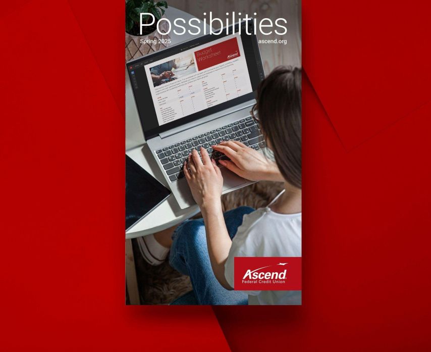 A person types on a laptop at a small desk while viewing a webpage titled “Possibilities, Spring 2024.” The scene is presented as a vertical graphic with a bold red background and an Ascend logo at the bottom.