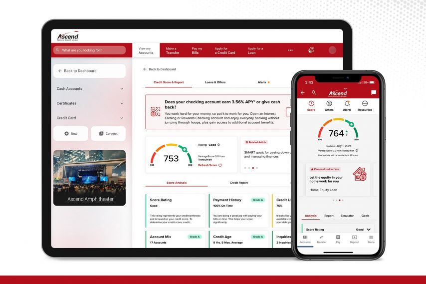 A laptop and smartphone display the Ascend digital banking platform side by side, showing account dashboards with balances, credit scores, spending insights, alerts, and navigation menus. The clean red-and-white interface highlights tools for managing accounts, monitoring credit, and tracking financial progress across devices.