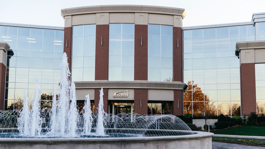 Corporate office building with water fountain