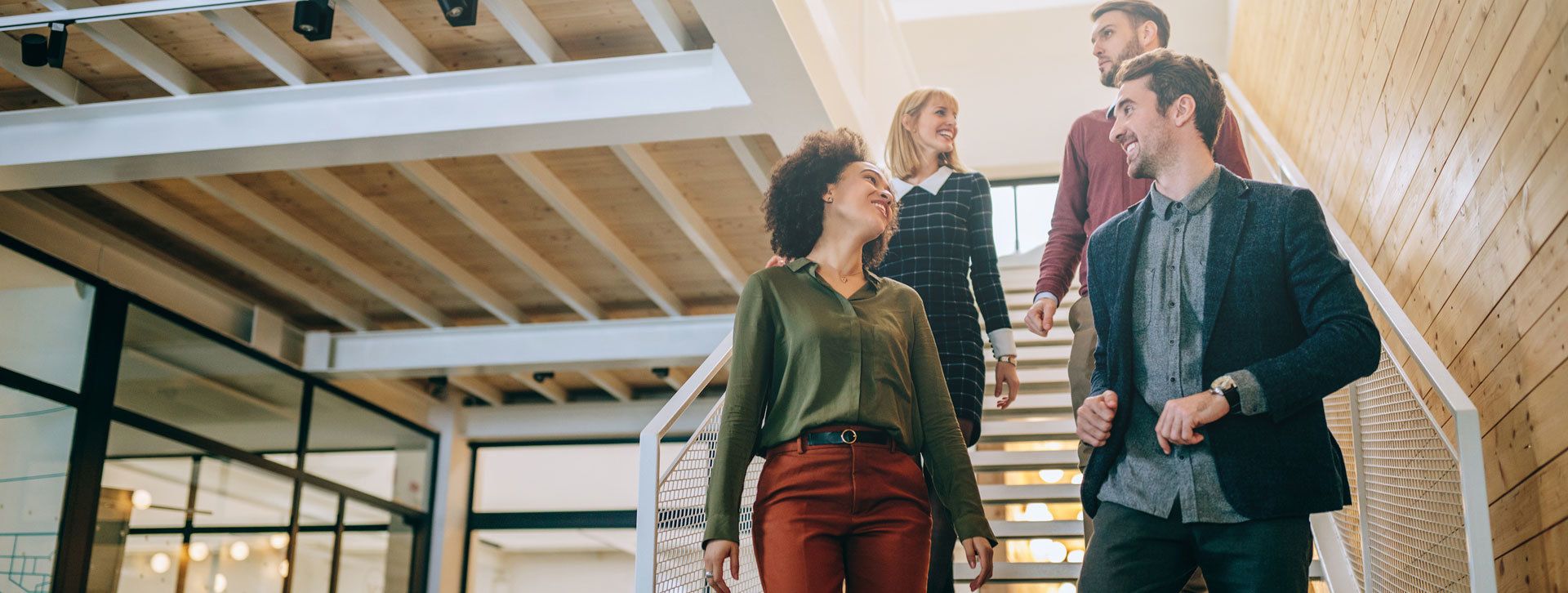 Employees walking down stairs